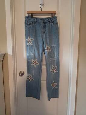 Y2K Newport News Jeanology Floral Applique Wide Leg W Sz 10 Boho Cottagecore